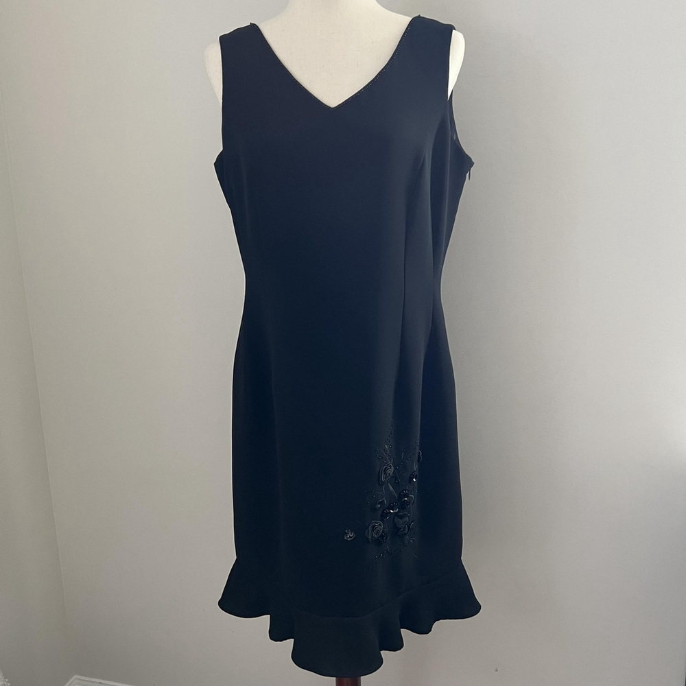 Black V Neck Mini Dress Floral Appliqué Ruffle Hem Romantic Chic